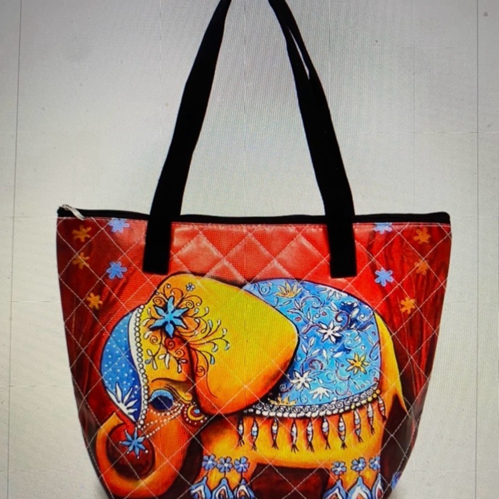 Colorful Elephant Quilted Tote Bag - Orange & Blue